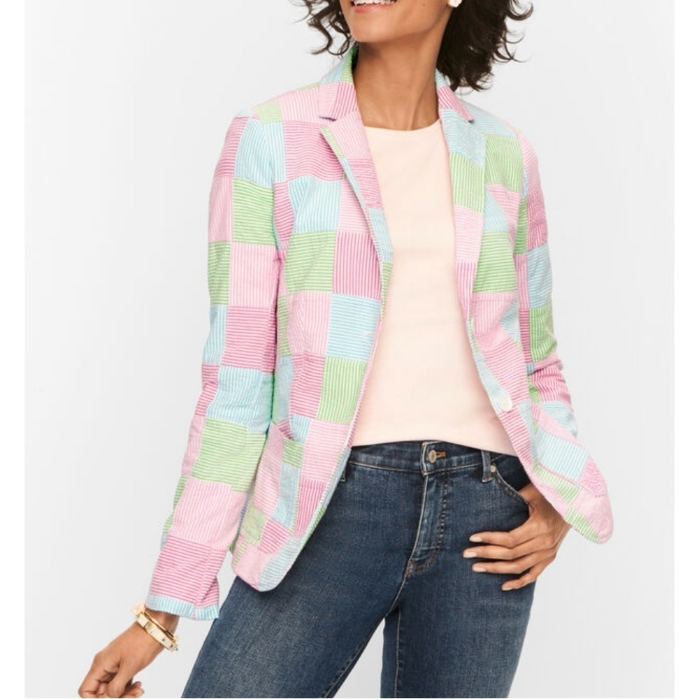 Talbots Patchwork Striped Seersucker Casual Blazer Women’s Size 8P Pink White